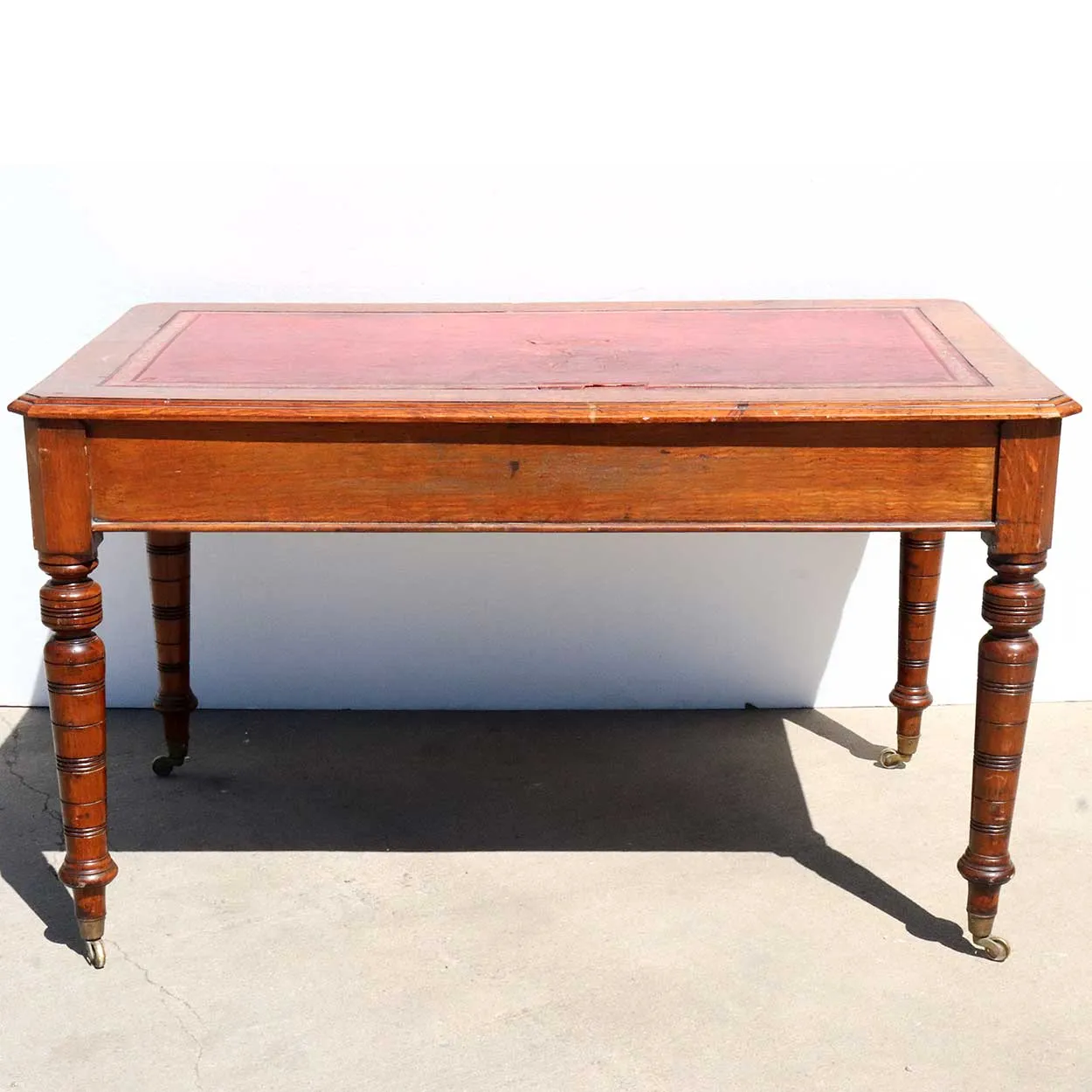 English Victorian Leather Top Quarter Sawn Oak Writing Desk on Casters