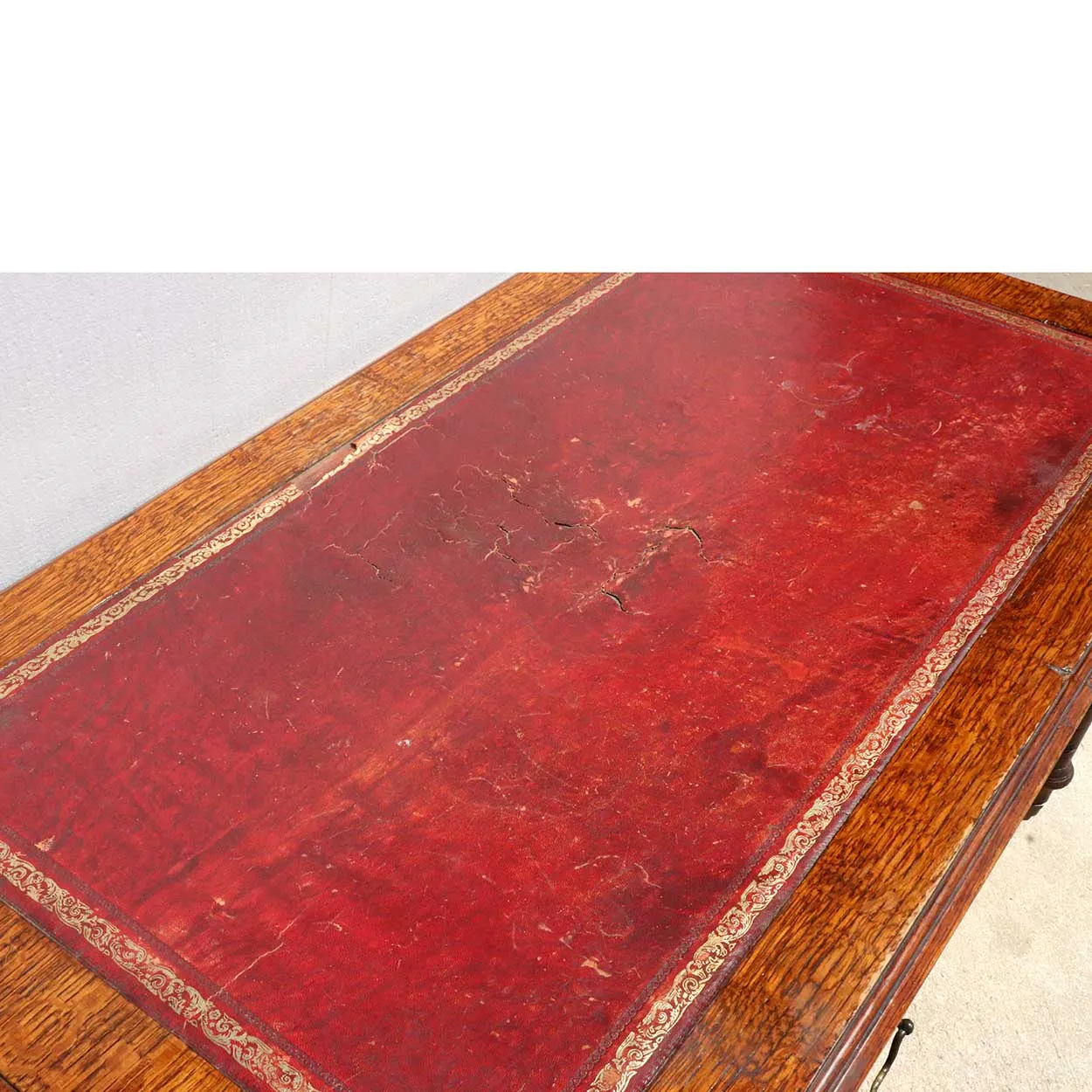 English Victorian Leather Top Quarter Sawn Oak Writing Desk on Casters
