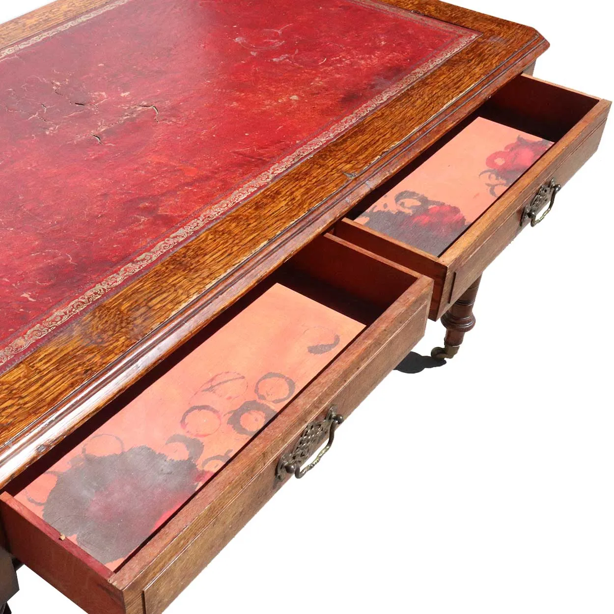 English Victorian Leather Top Quarter Sawn Oak Writing Desk on Casters