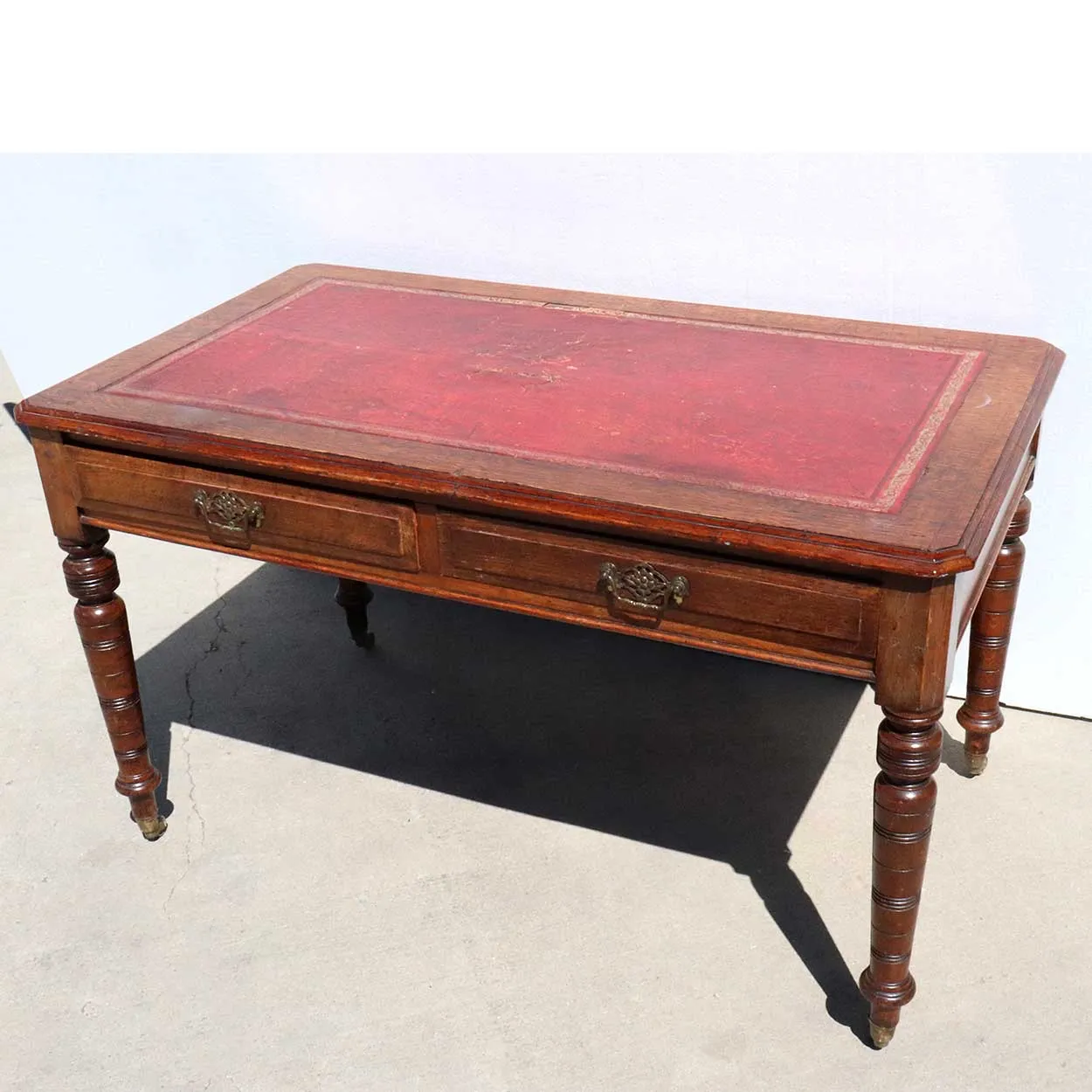 English Victorian Leather Top Quarter Sawn Oak Writing Desk on Casters