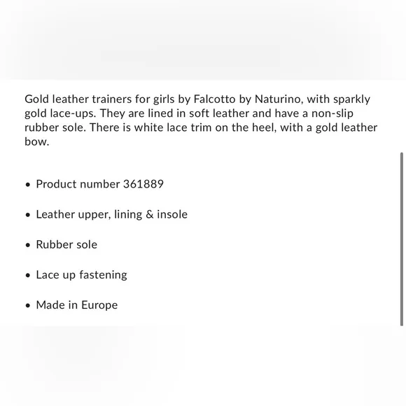 Falcotto by Naturino Girls Gold Leather Trainers size 24 euro Us 8 NWT