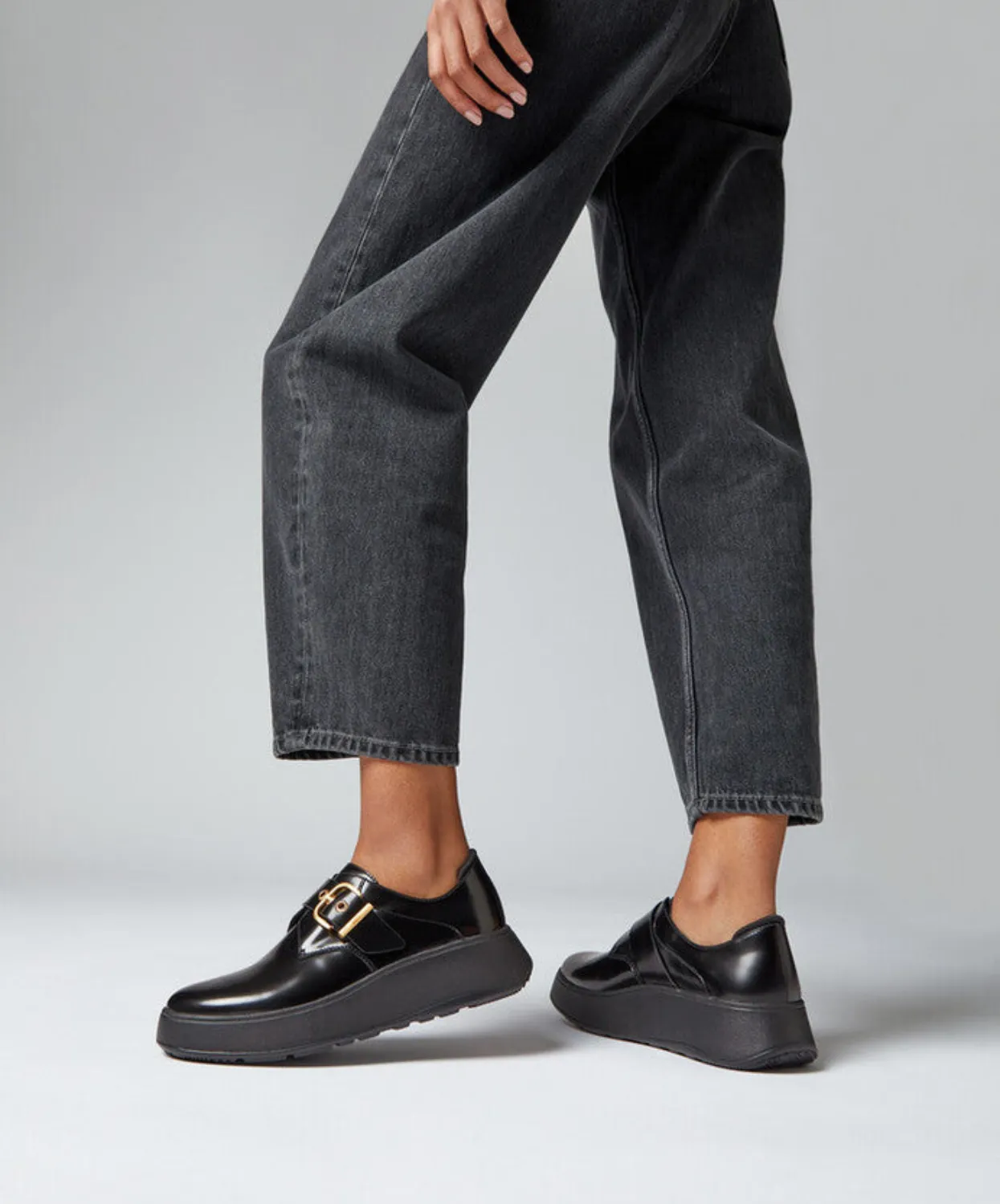 Fitflop F-Mode Box-Leather Flatform Monk Strap Shoes Black