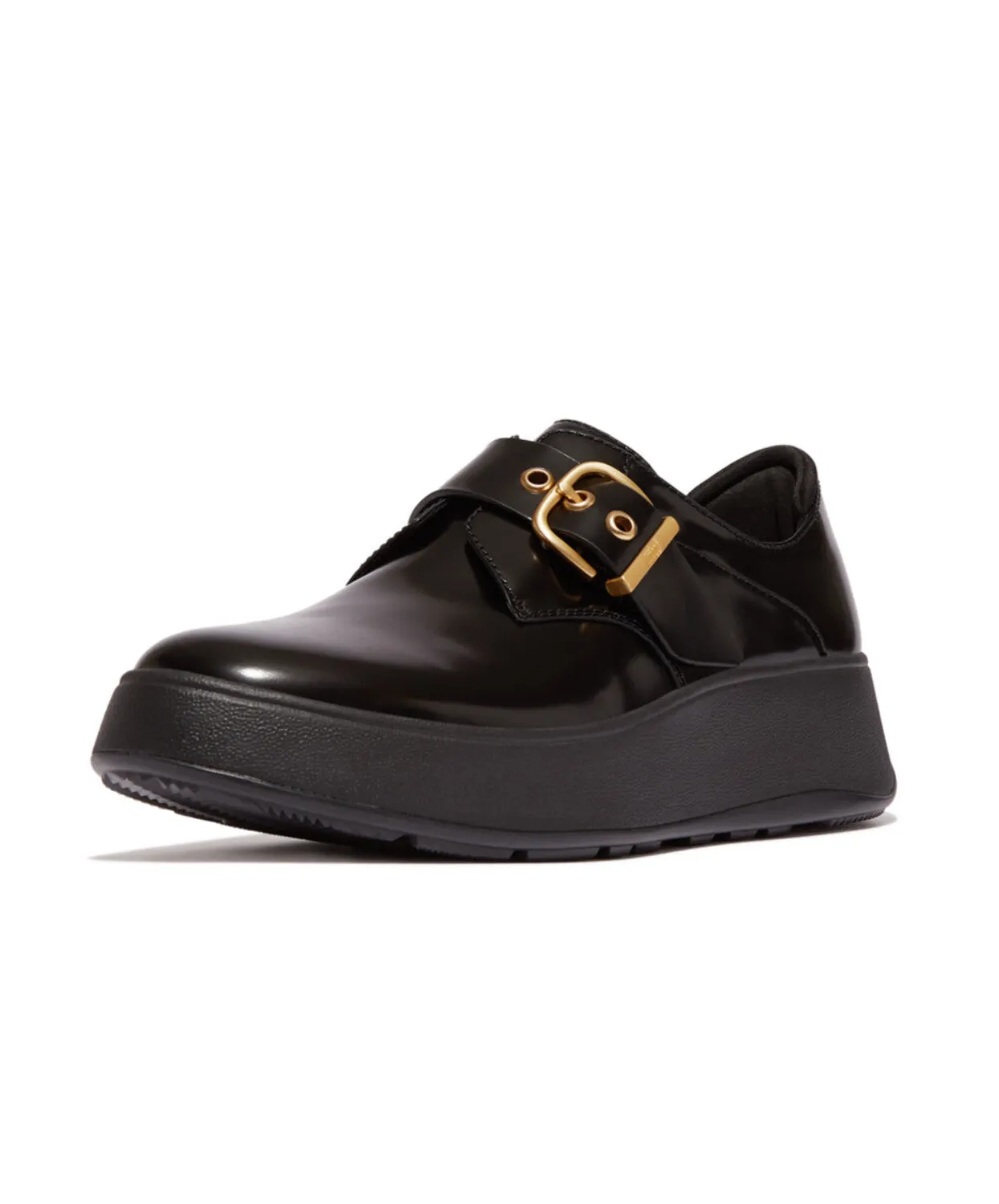 Fitflop F-Mode Box-Leather Flatform Monk Strap Shoes Black