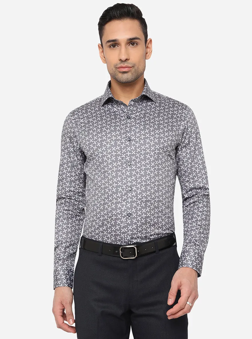 Grey & White Printed Slim Fit Party Wear Shirt | JB Studio