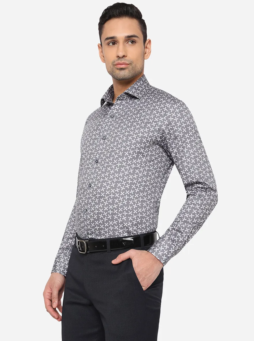 Grey & White Printed Slim Fit Party Wear Shirt | JB Studio
