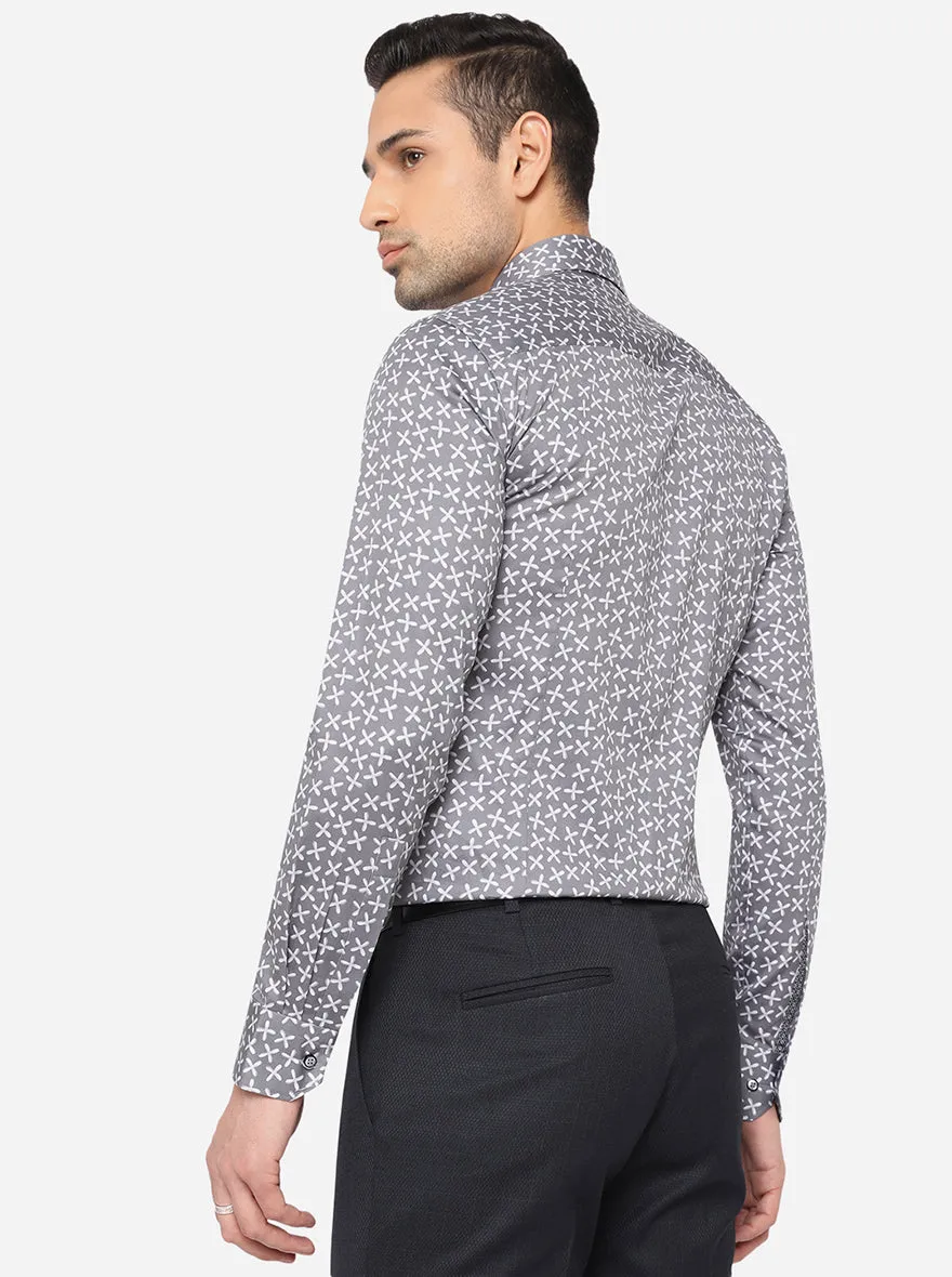 Grey & White Printed Slim Fit Party Wear Shirt | JB Studio