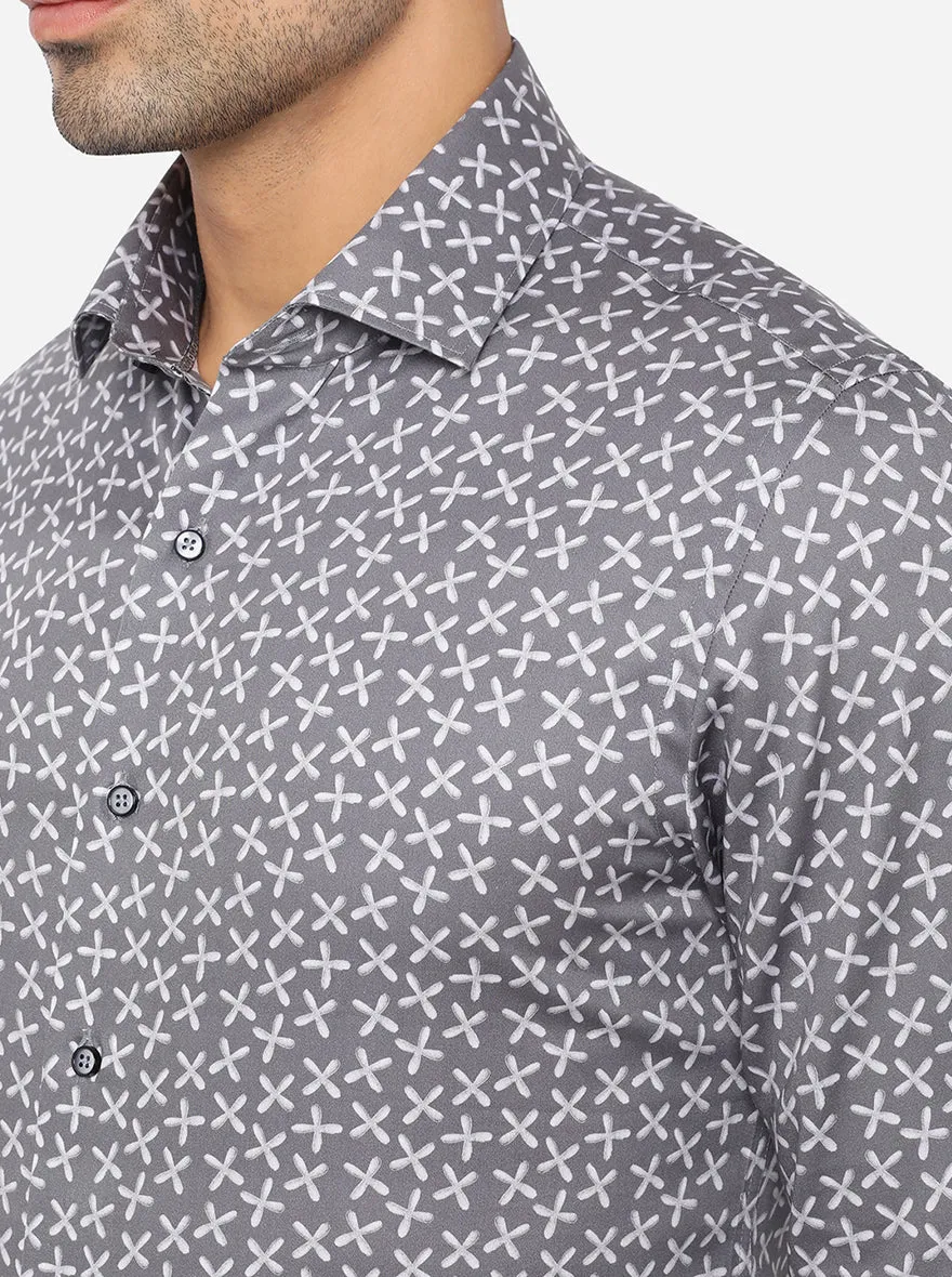 Grey & White Printed Slim Fit Party Wear Shirt | JB Studio