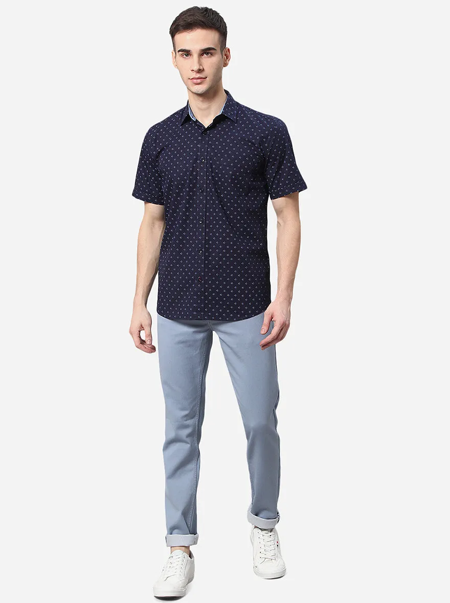 Indigo Blue Printed Slim Fit Casual Shirt | Greenfibre