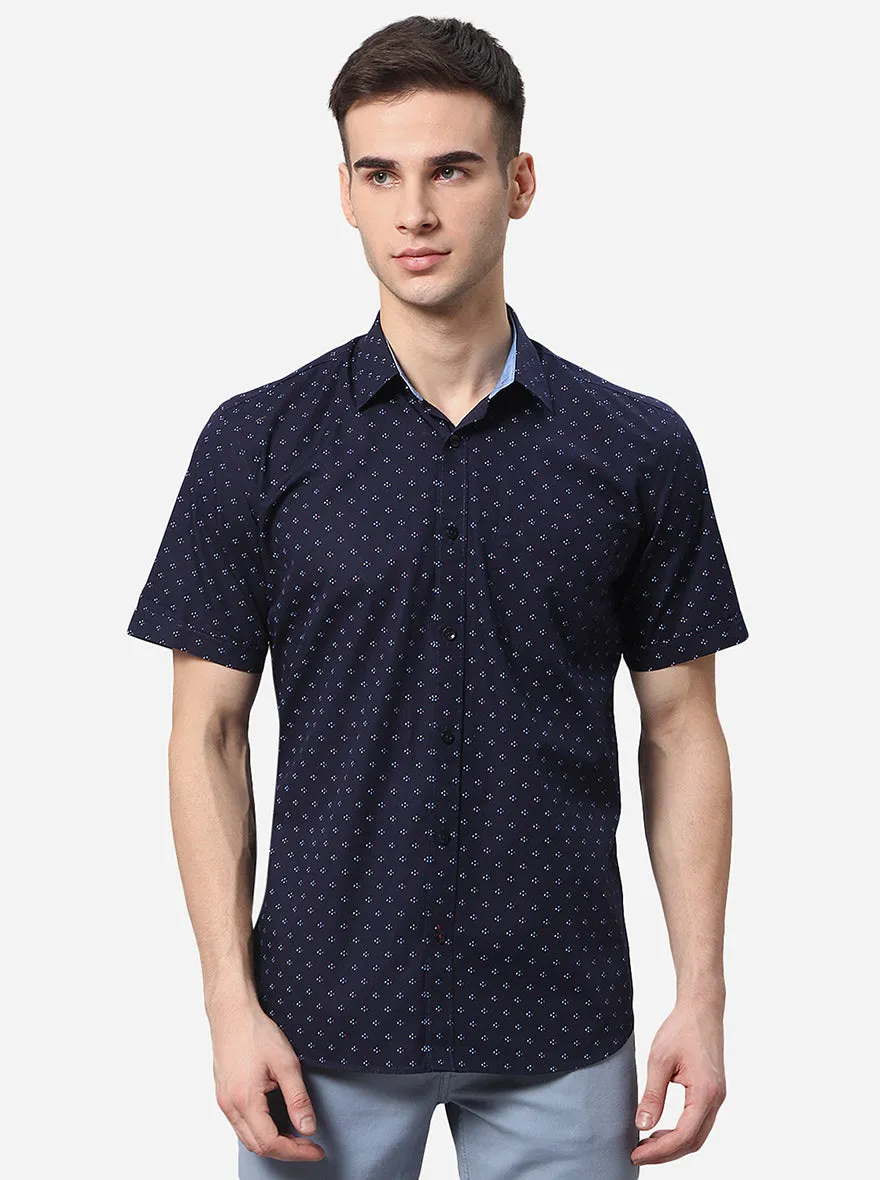 Indigo Blue Printed Slim Fit Casual Shirt | Greenfibre