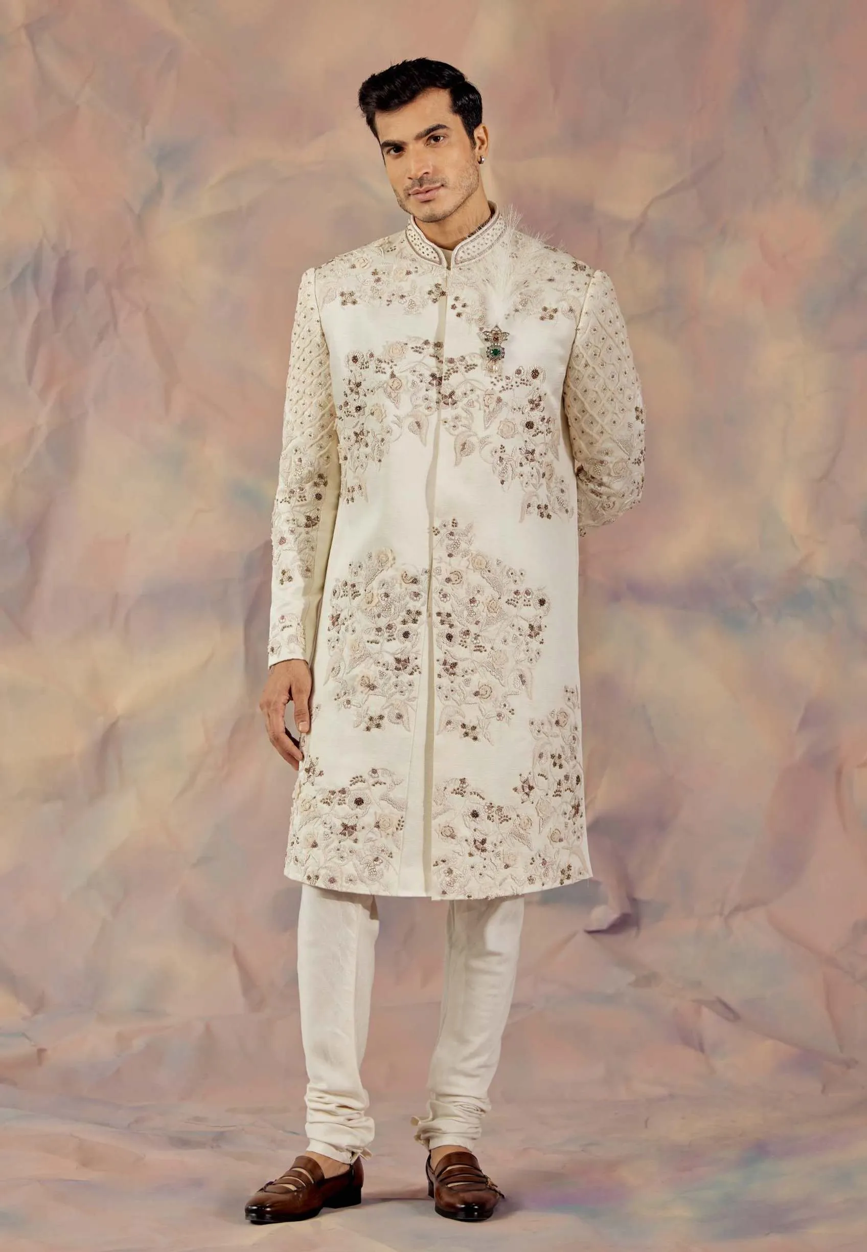 Ivory Embroidered Sherwani Set
