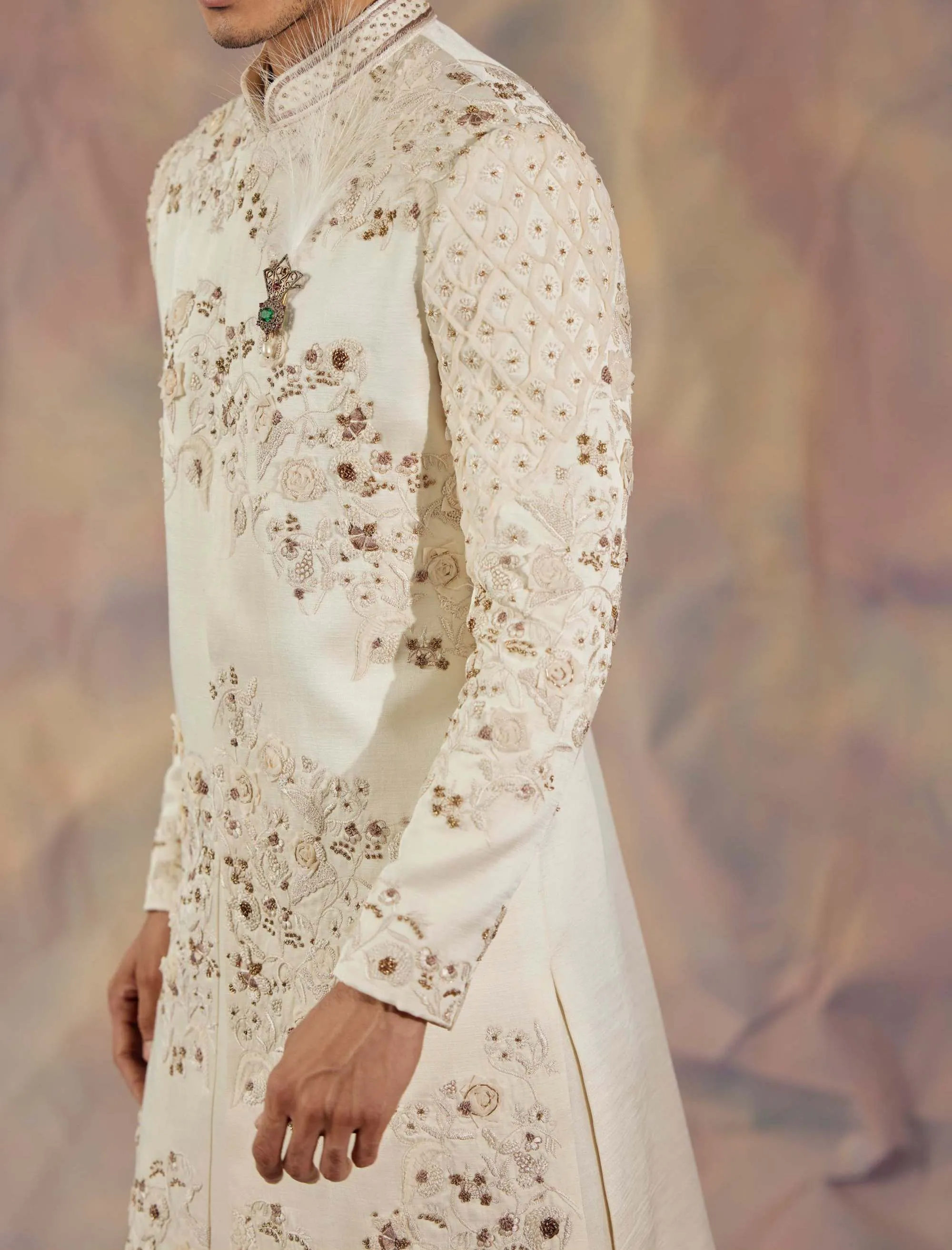 Ivory Embroidered Sherwani Set