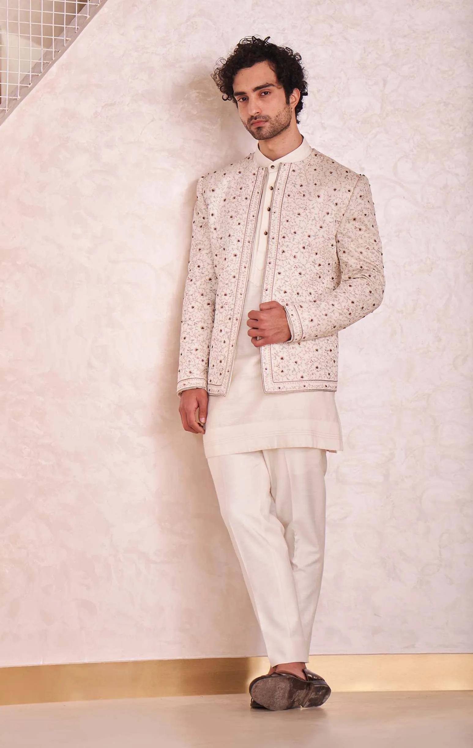 Ivory Short Jacket With Kurta And Trouser