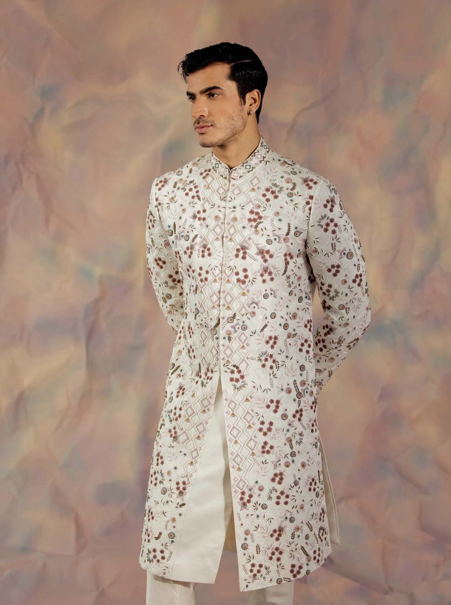 Ivory White Embroidered Sherwani Set