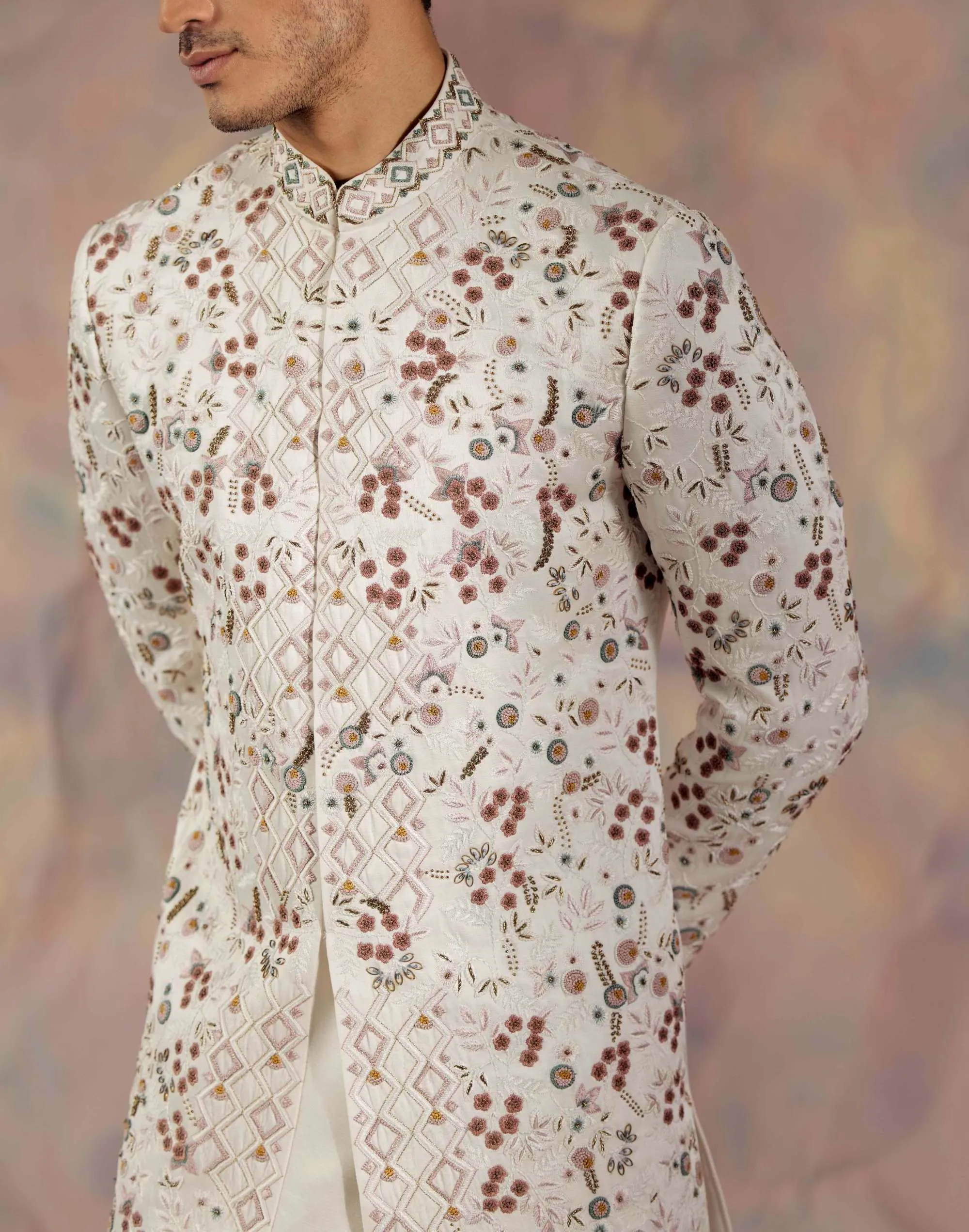 Ivory White Embroidered Sherwani Set