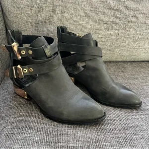 Jeffrey Campbell x Vintage Everly Charcoal Leather Strappy Ankle Boots 6.5