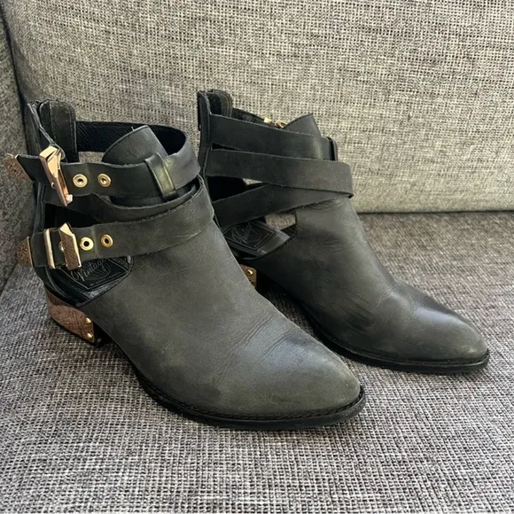 Jeffrey Campbell x Vintage Everly Charcoal Leather Strappy Ankle Boots 6.5