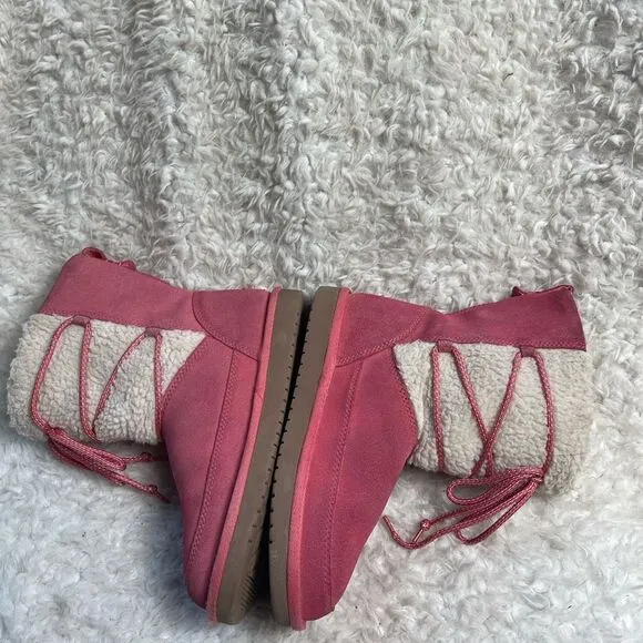 Kookaburra by UGG leather pink Girl winter boots beige fur lace up accent SZ3