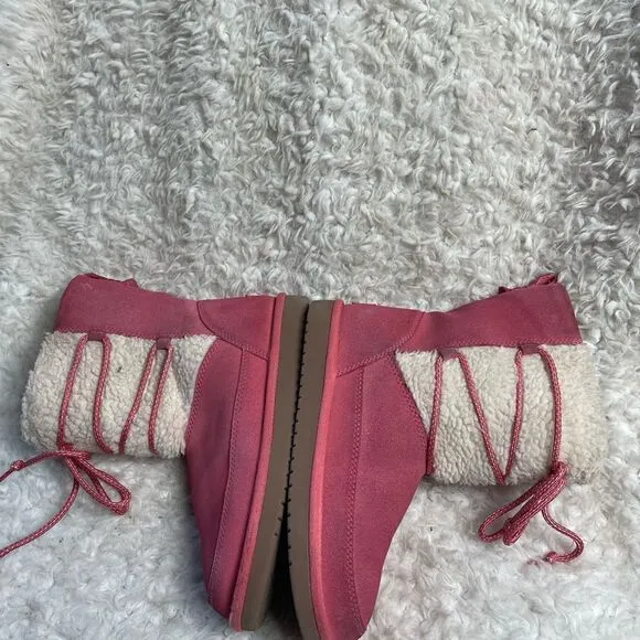 Kookaburra by UGG leather pink Girl winter boots beige fur lace up accent SZ3