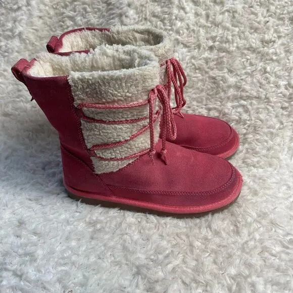Kookaburra by UGG leather pink Girl winter boots beige fur lace up accent SZ3