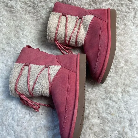 Kookaburra by UGG leather pink Girl winter boots beige fur lace up accent SZ3
