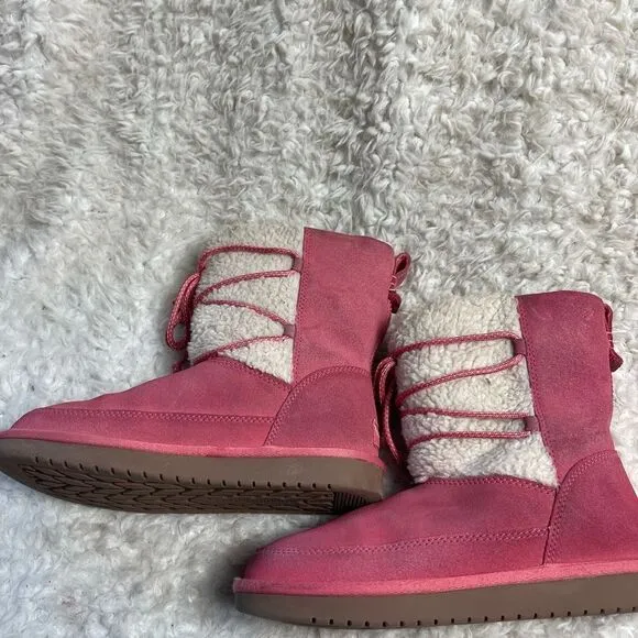 Kookaburra by UGG leather pink Girl winter boots beige fur lace up accent SZ3