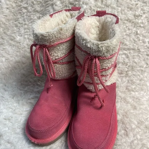 Kookaburra by UGG leather pink Girl winter boots beige fur lace up accent SZ3