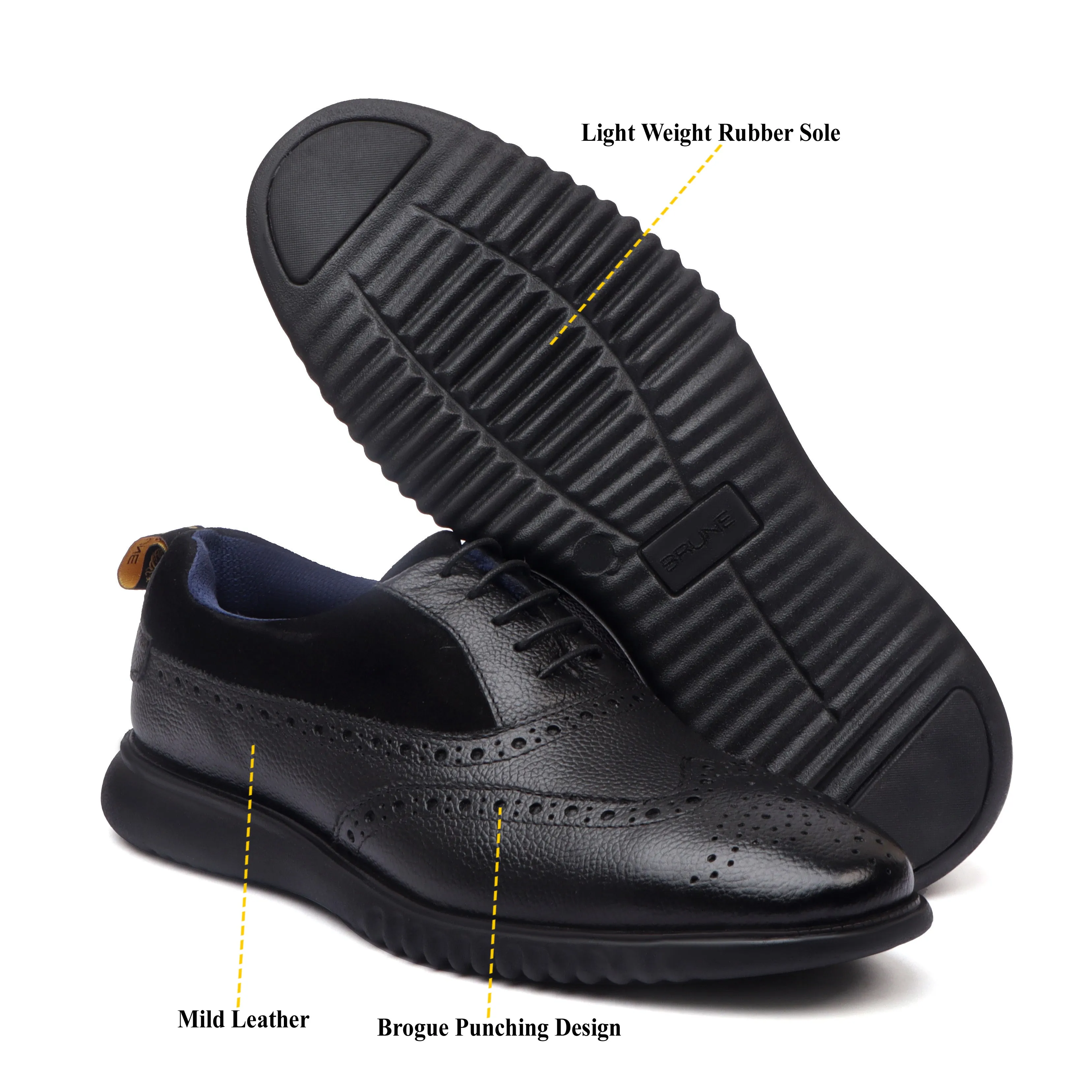 Light Weight Dress Sneaker in Black Leather Black Velvet Brogue Oxford Shoe For Men by Brune & Bareskin