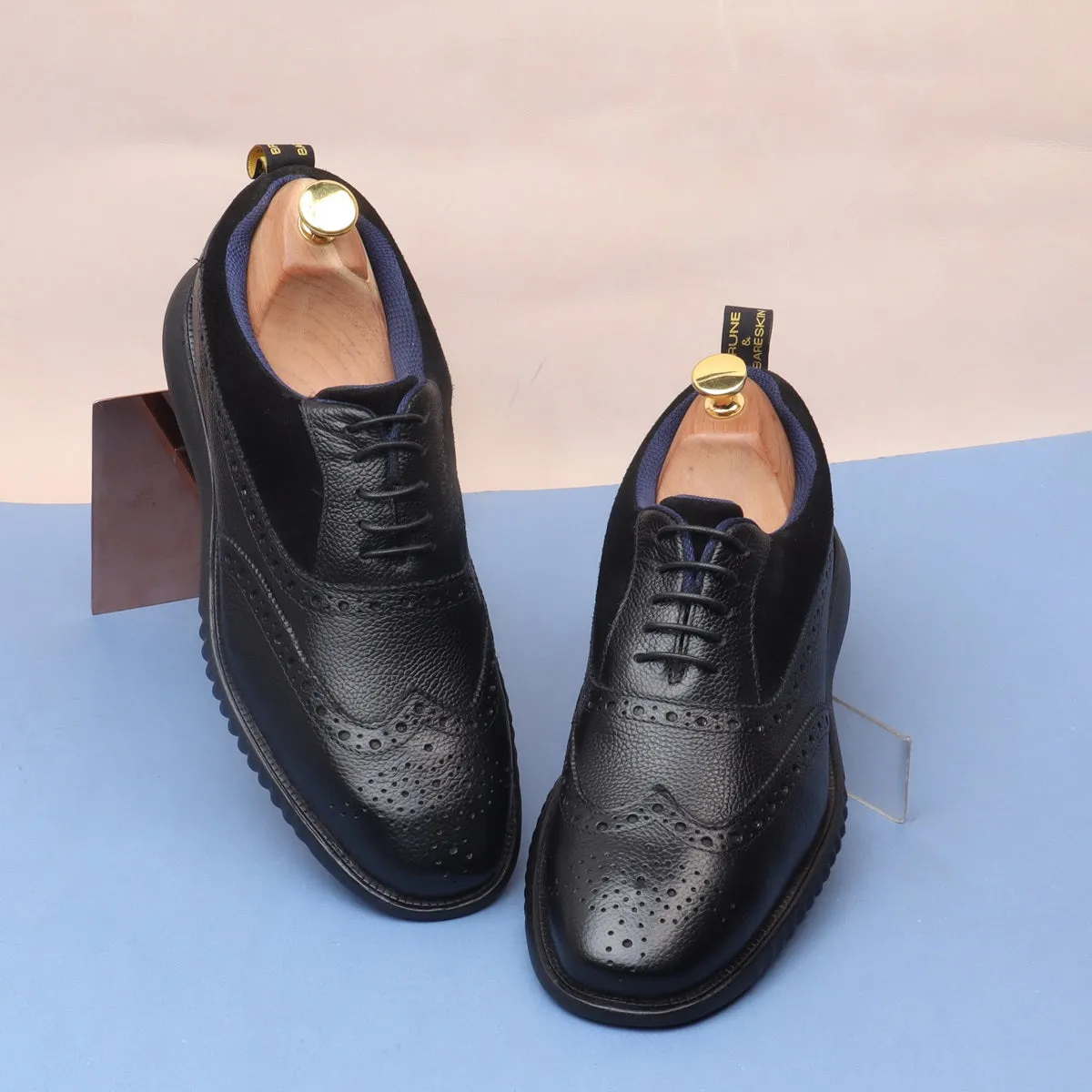 Light Weight Dress Sneaker in Black Leather Black Velvet Brogue Oxford Shoe For Men by Brune & Bareskin