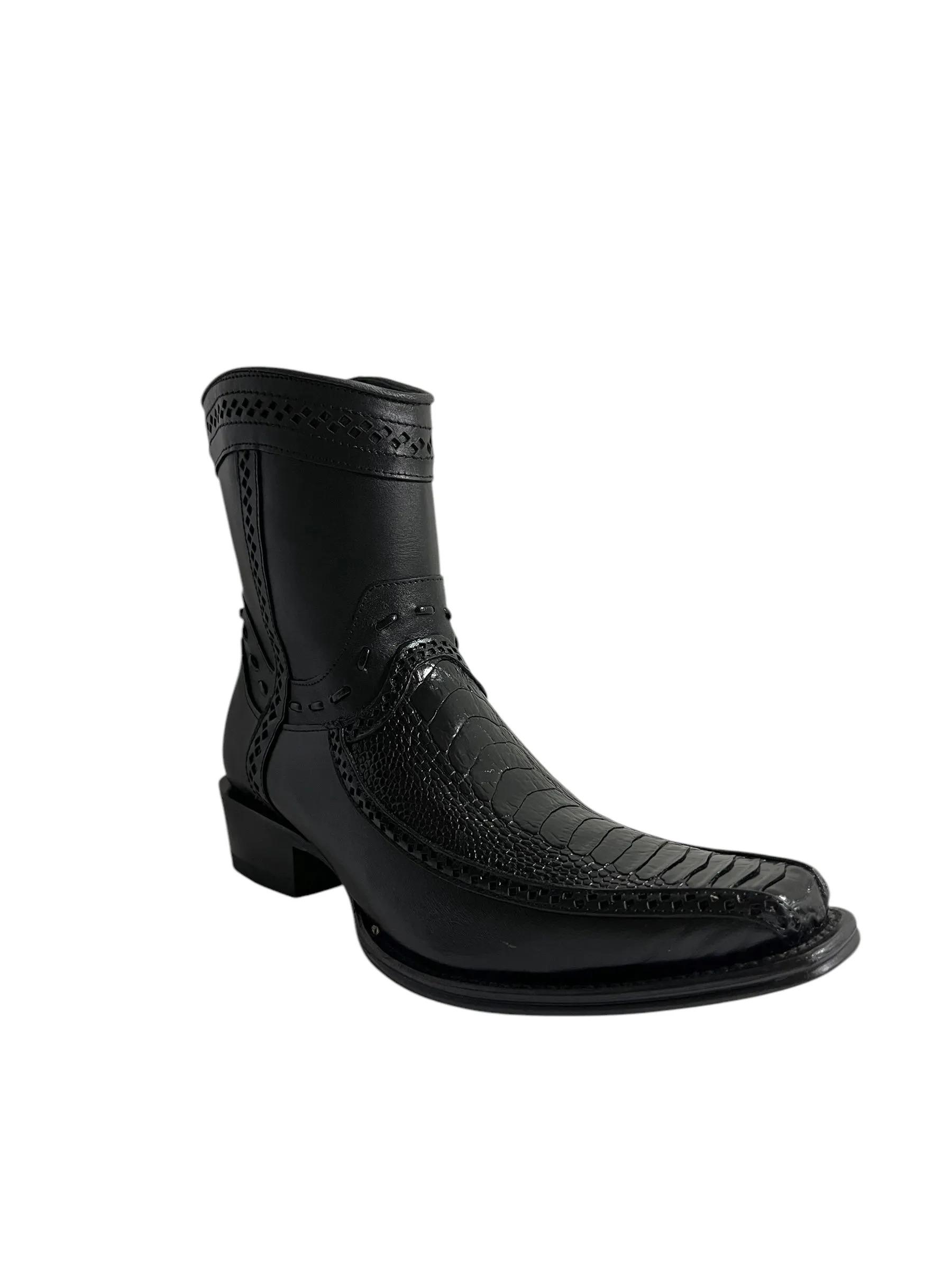 Los Altos Ankle Boot Ostrich Leg And Deer European Square Toe Black - 76BF0505