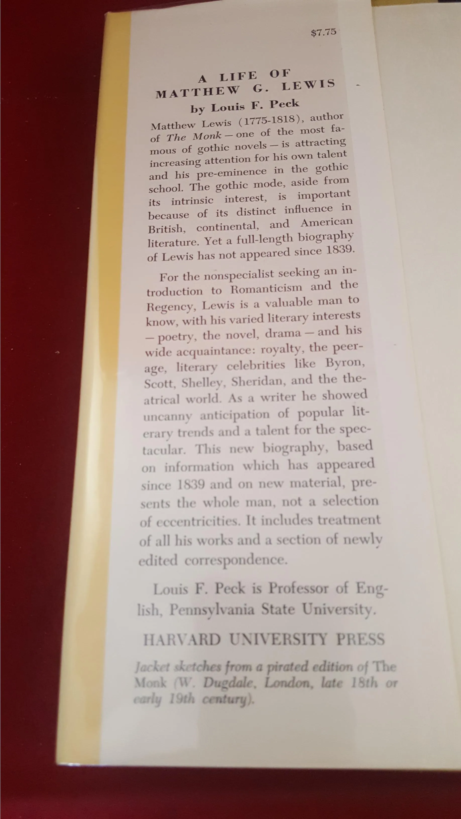 Louis F Peck - A Life Of Matthew G Lewis, Harvard, 1961, First Edition