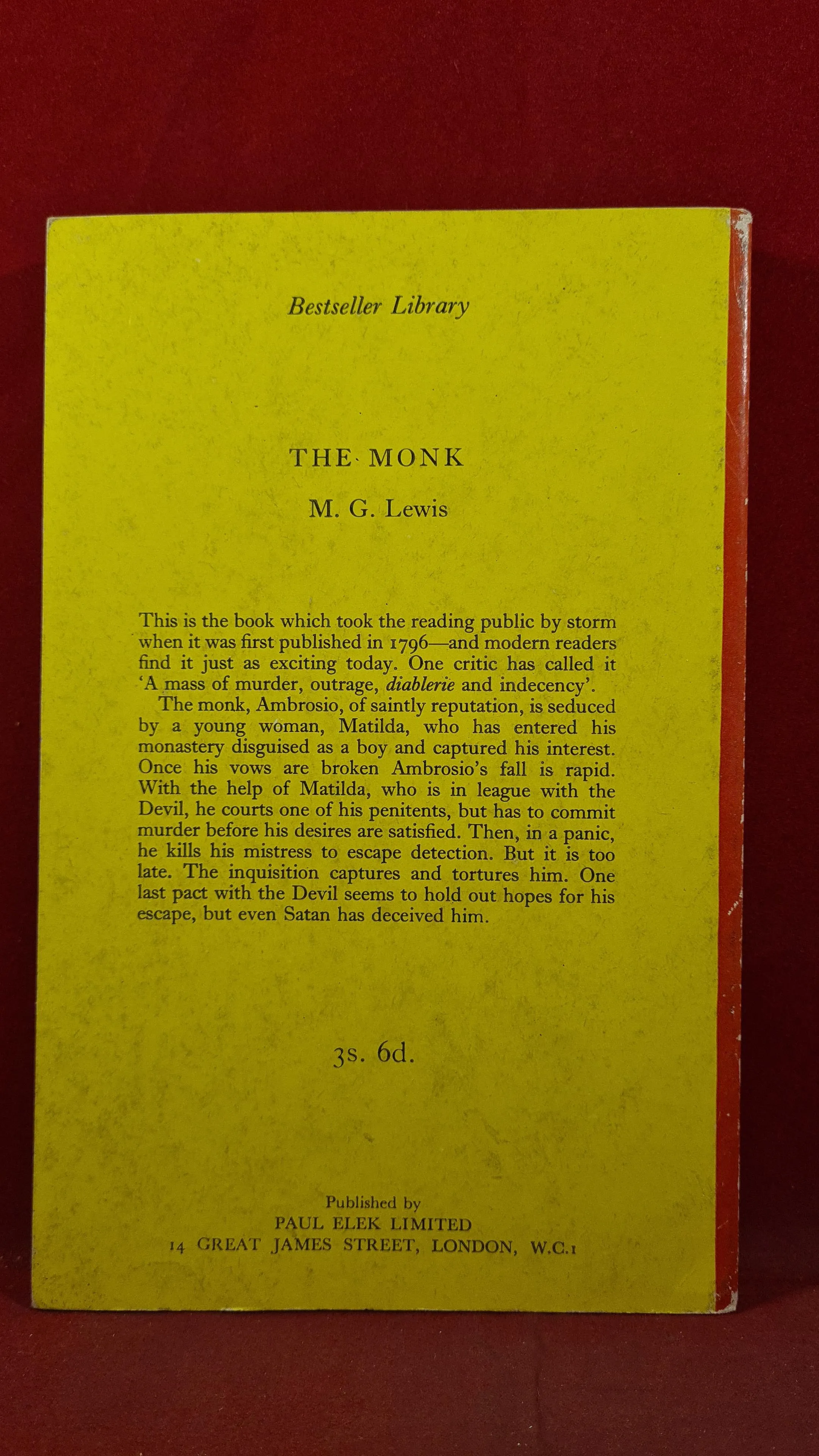 M G Lewis - The Monk, Paul Elek Ltd, 1960, First Edition, Paperbacks