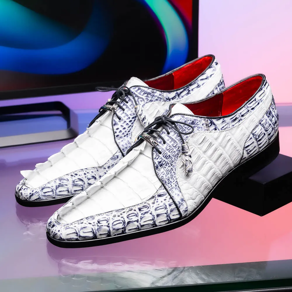 Marco Di Milano Caribe in White / Newspaper Caiman Crocodile Derby Shoes