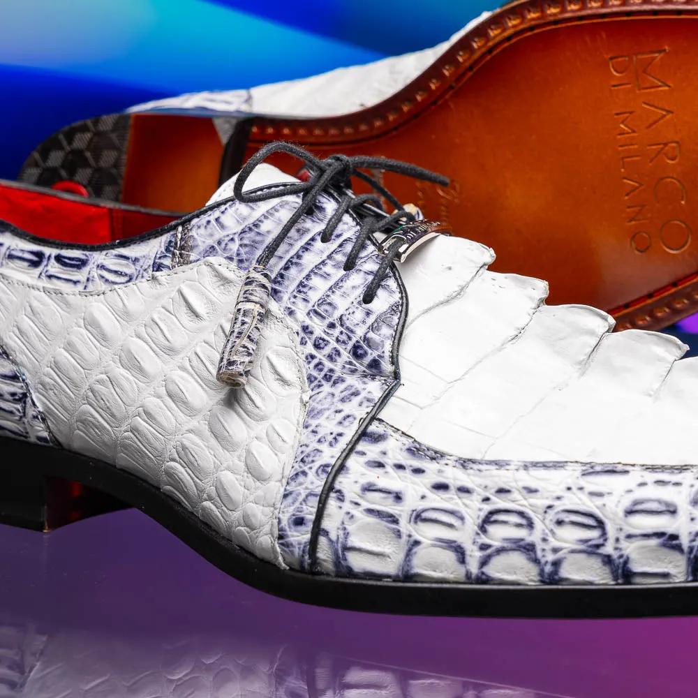 Marco Di Milano Caribe in White / Newspaper Caiman Crocodile Derby Shoes