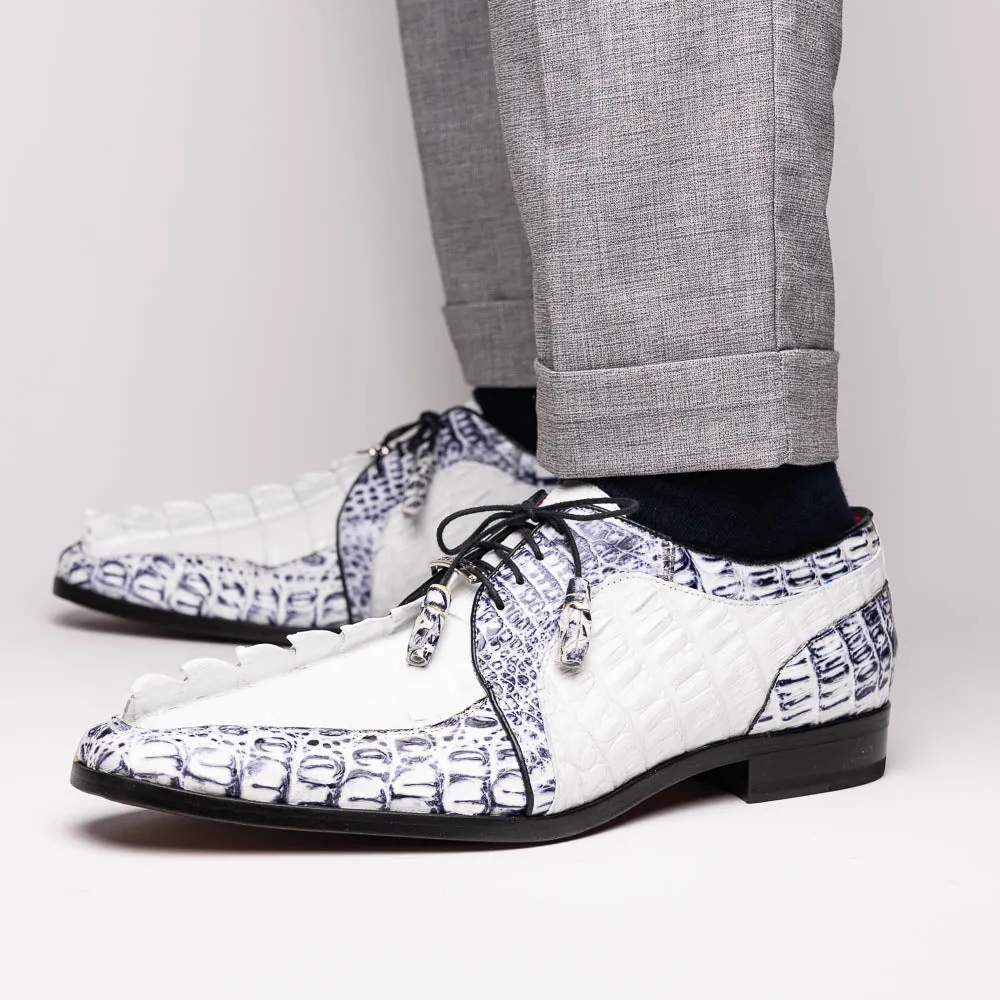 Marco Di Milano Caribe in White / Newspaper Caiman Crocodile Derby Shoes