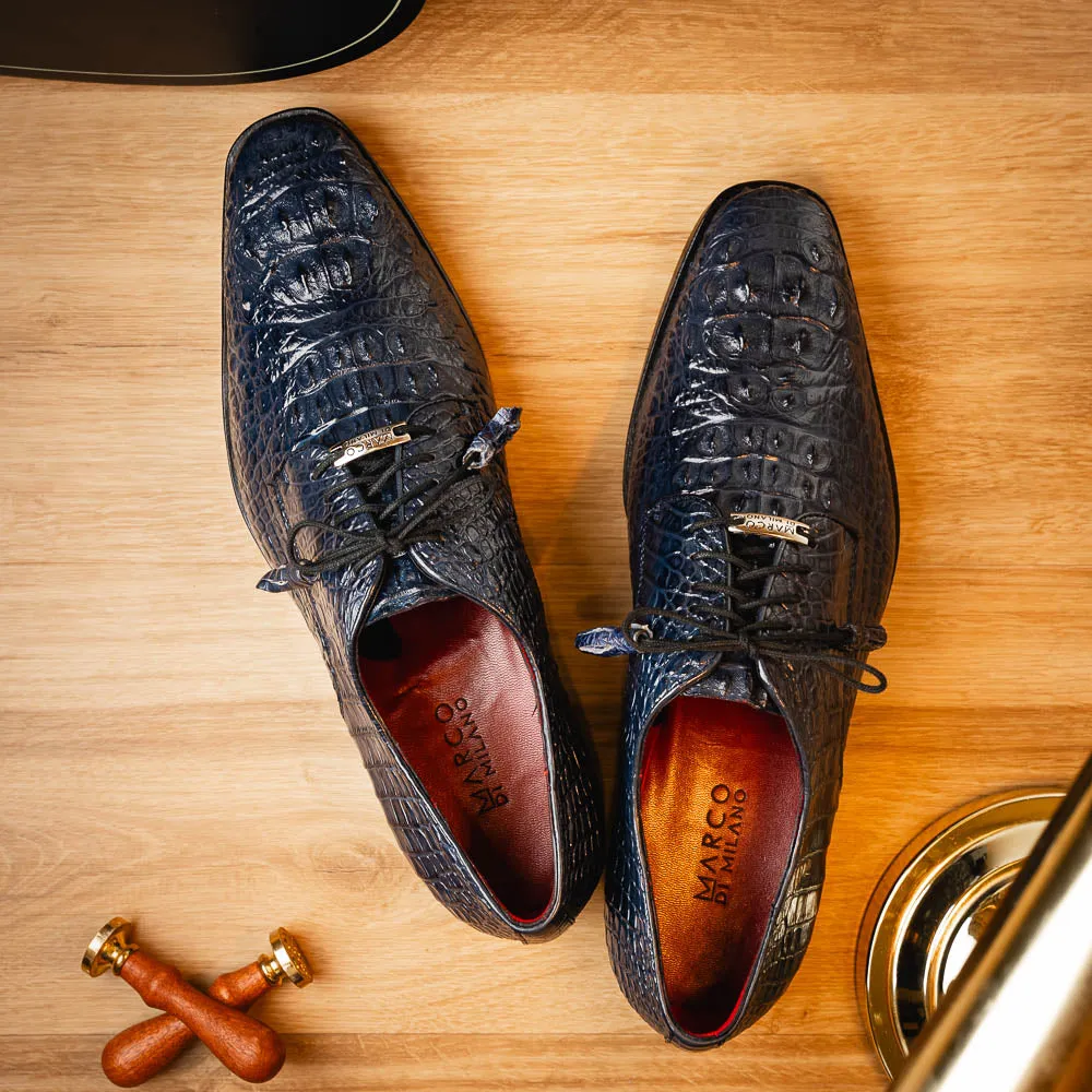 Marco Di Milano Nilo Navy Hornback Crocodile Derby Oxford Dress Shoes