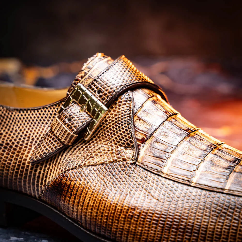 Marco Di Milano Toluca in Rustic Orix Crocodile & Lizard Monk Strap Dress Shoes