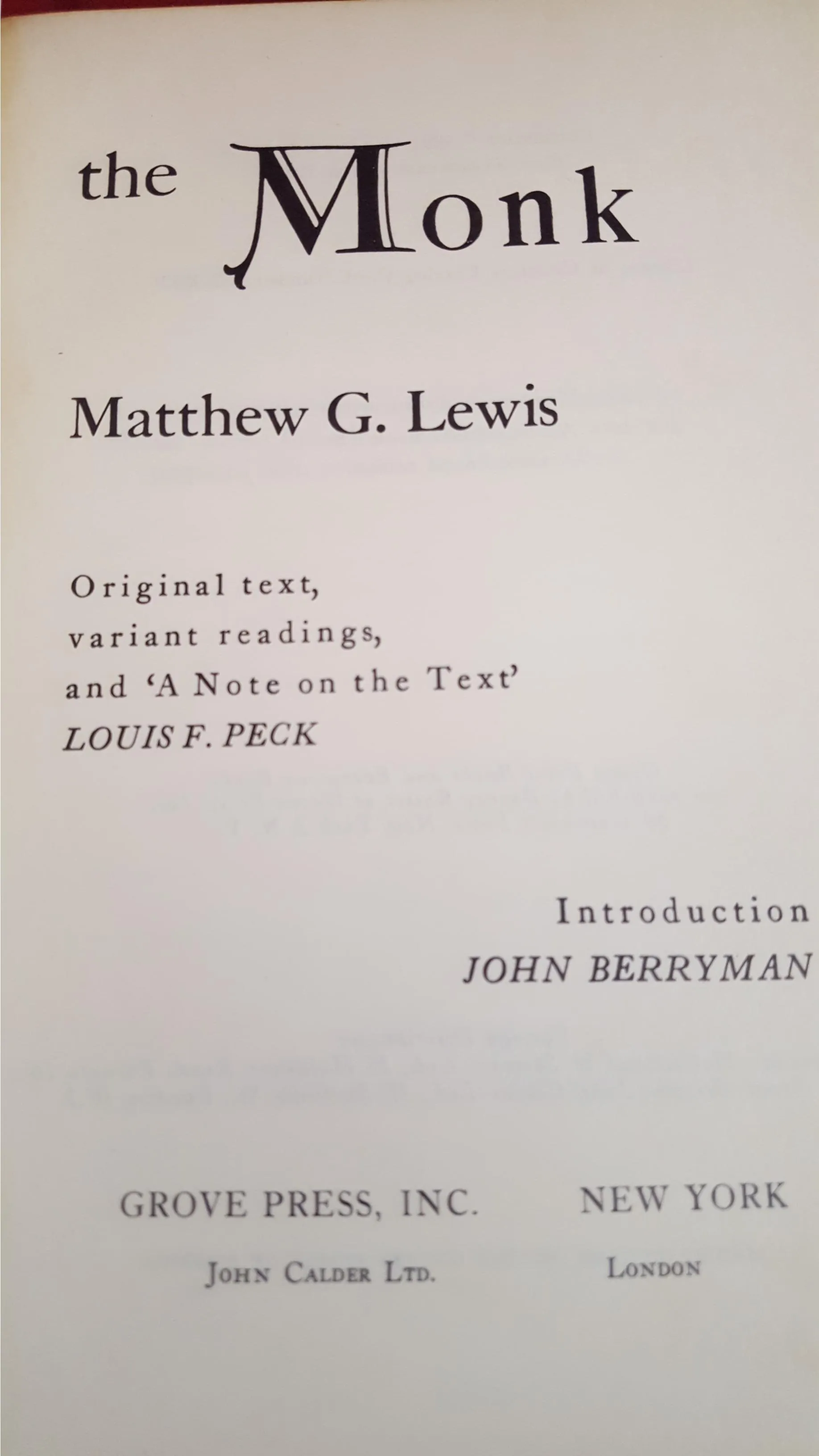 Matthew G Lewis - The Monk, Grove Press Evergreen Edition, 1959