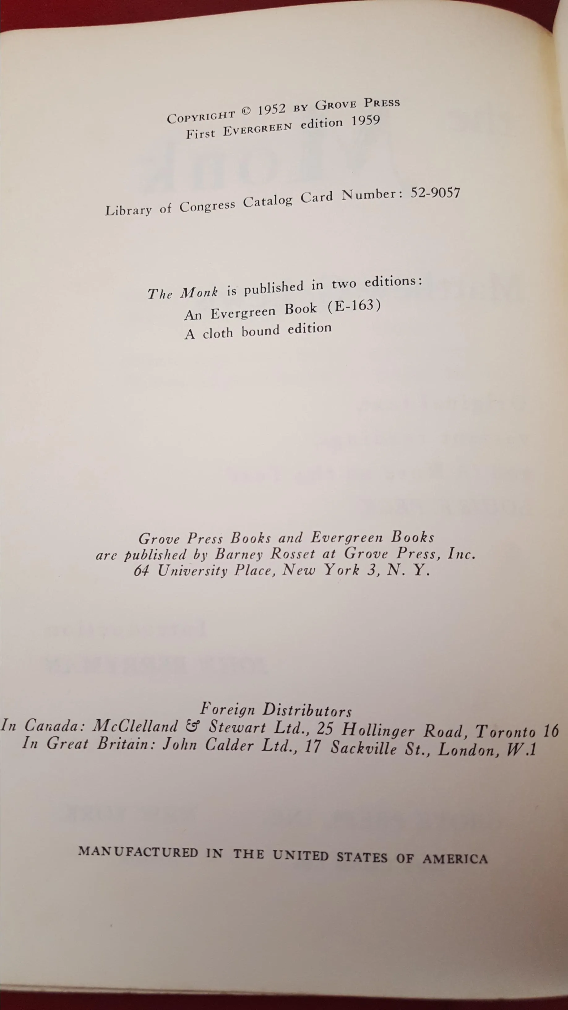 Matthew G Lewis - The Monk, Grove Press Evergreen Edition, 1959