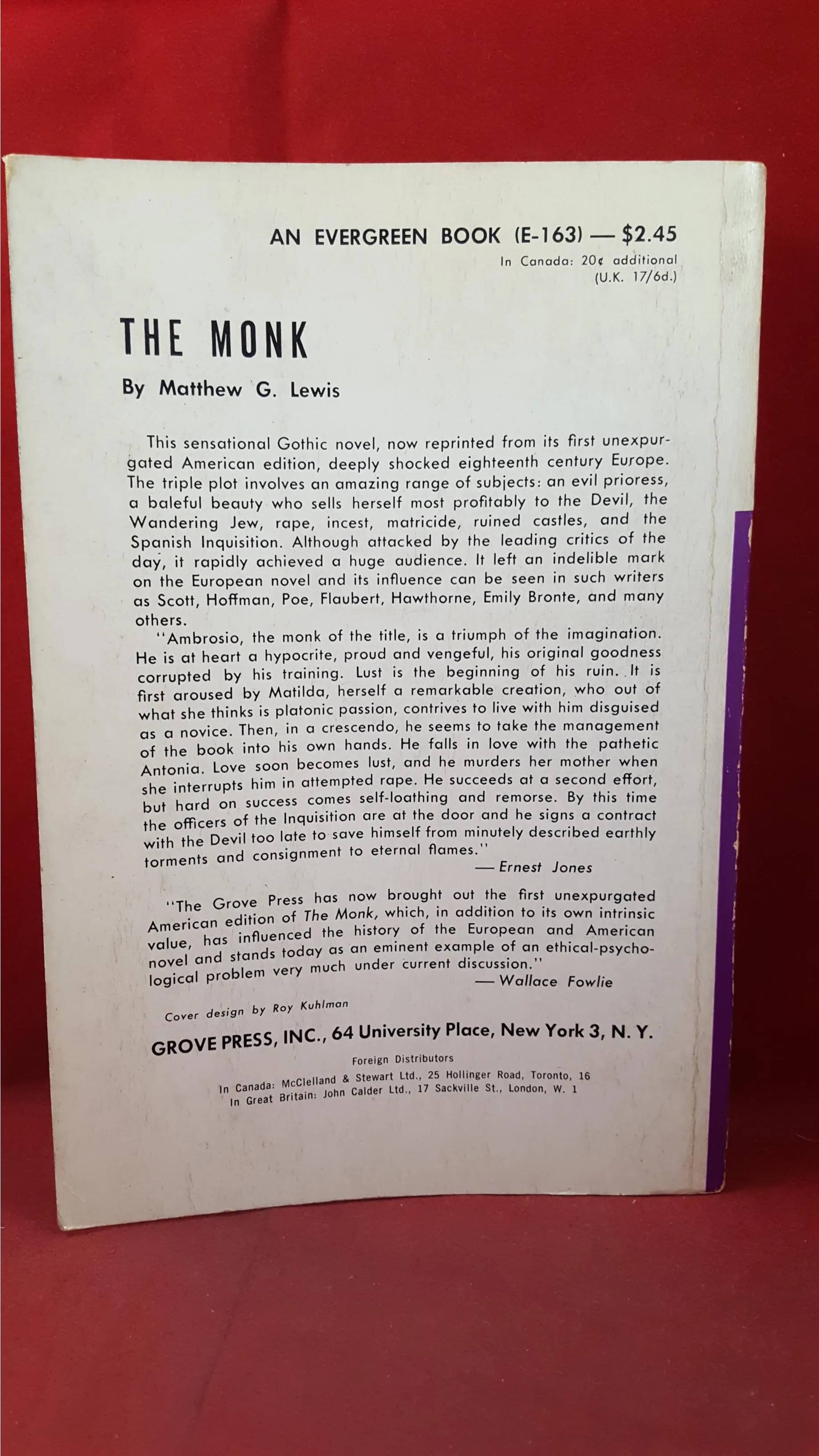Matthew G Lewis - The Monk, Grove Press Evergreen Edition, 1959