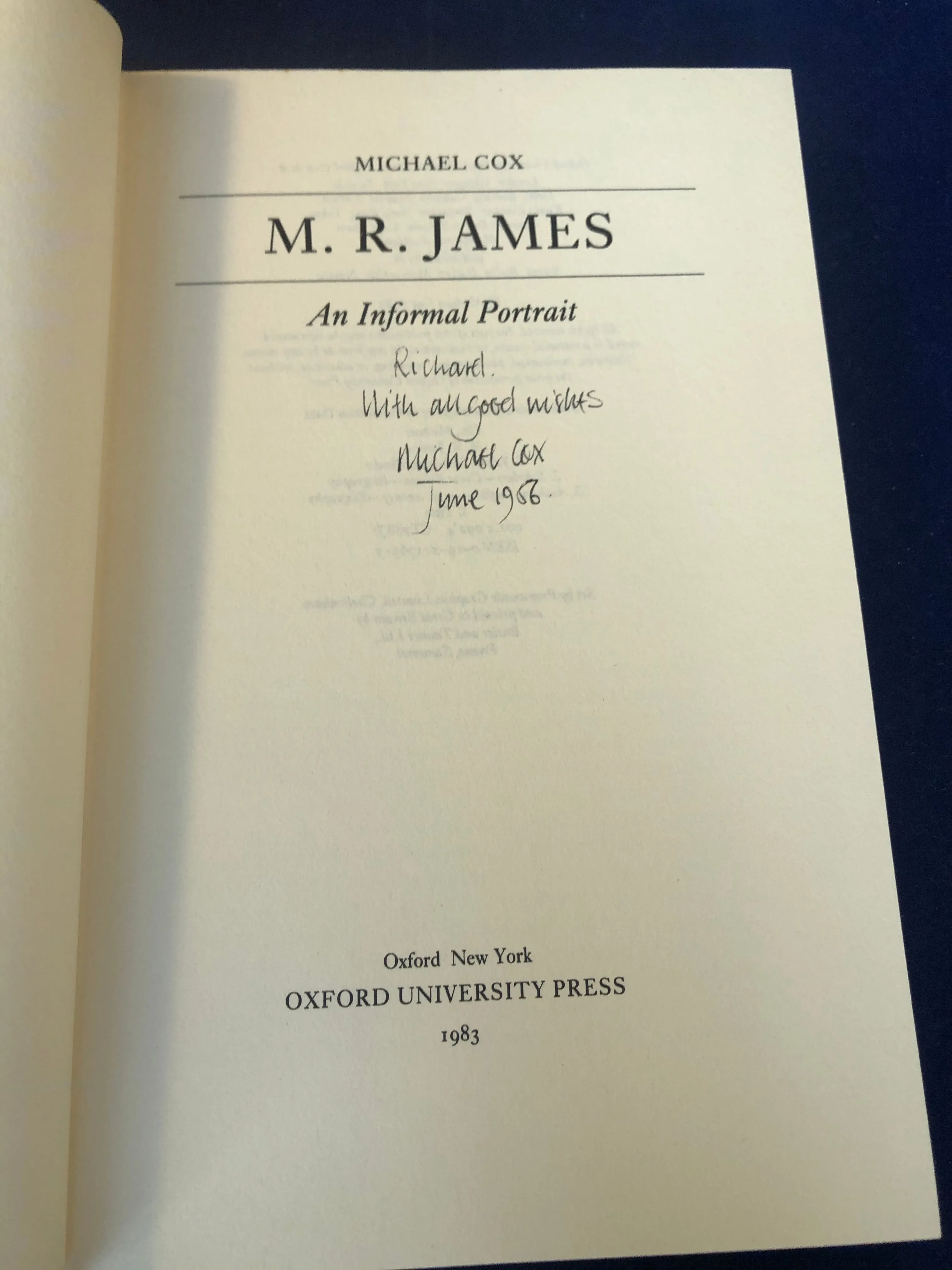 Michael Cox - M.R. James An Informal Portrait, Oxford, 1983, Inscribed, Signed