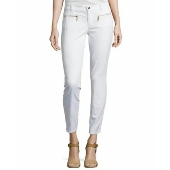 Michael Kors Izzy White Ankle Jeans with Gold Zip Pockets Size 4