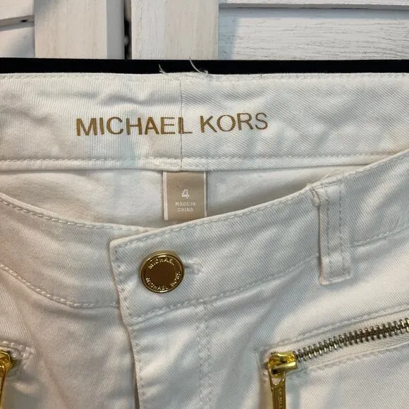 Michael Kors Izzy White Ankle Jeans with Gold Zip Pockets Size 4