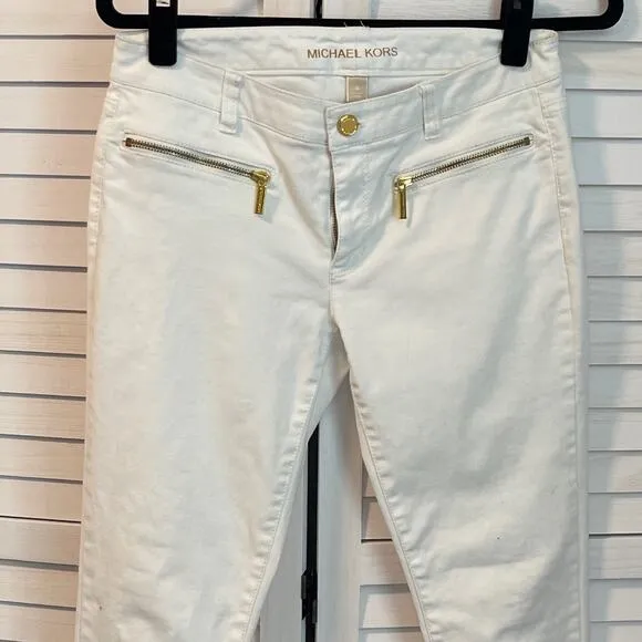 Michael Kors Izzy White Ankle Jeans with Gold Zip Pockets Size 4