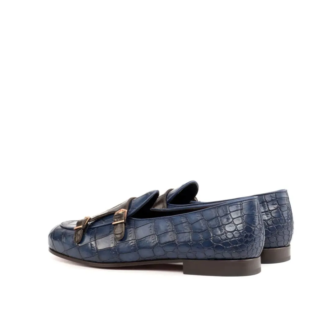 Mocassin Double Boucle en cuir croco bleu marine et marron foncé