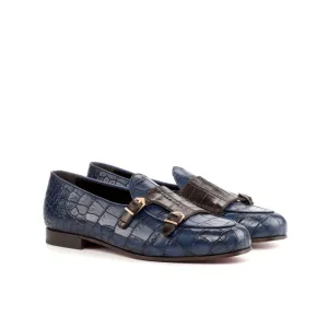 Mocassin Double Boucle en cuir croco bleu marine et marron foncé