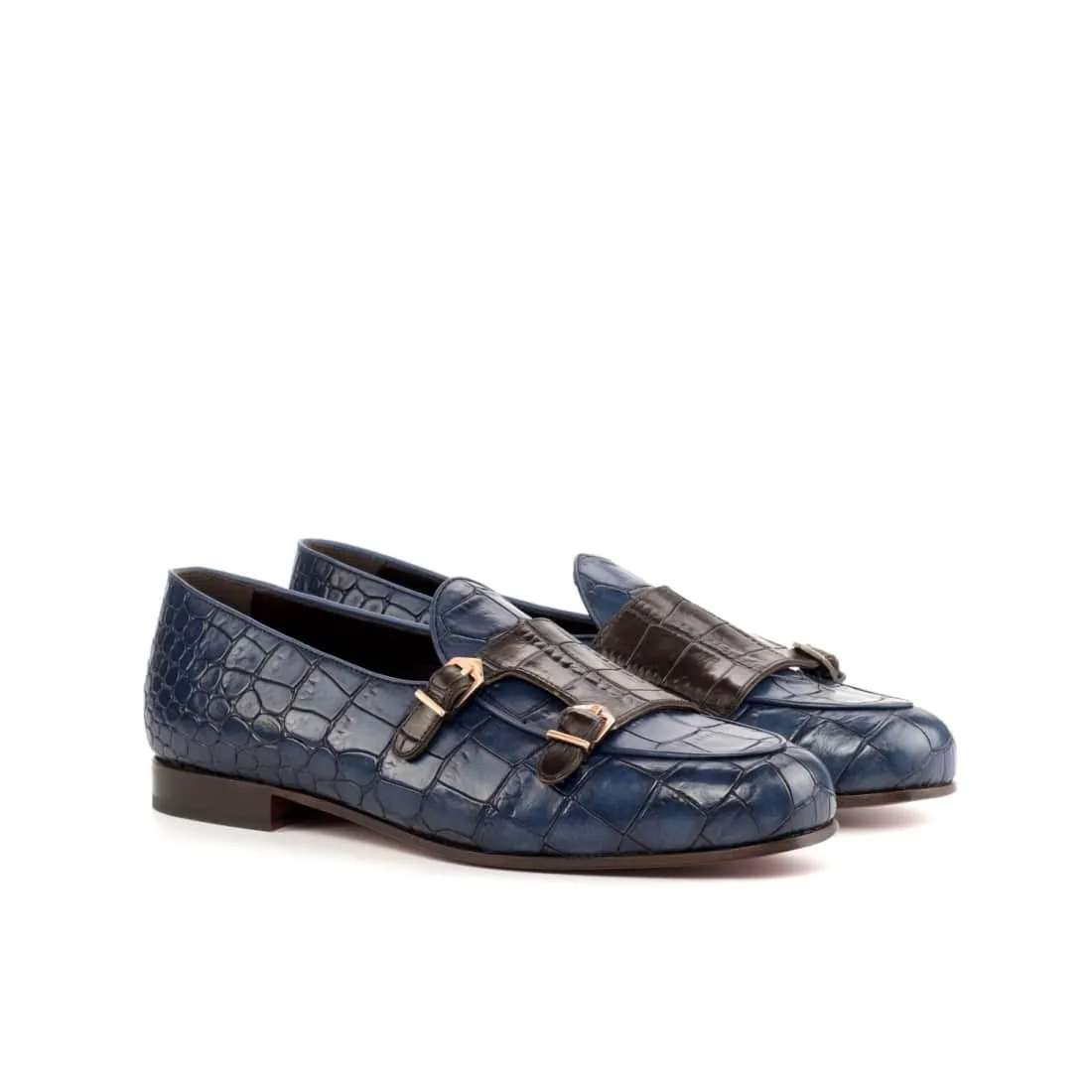 Mocassin Double Boucle en cuir croco bleu marine et marron foncé
