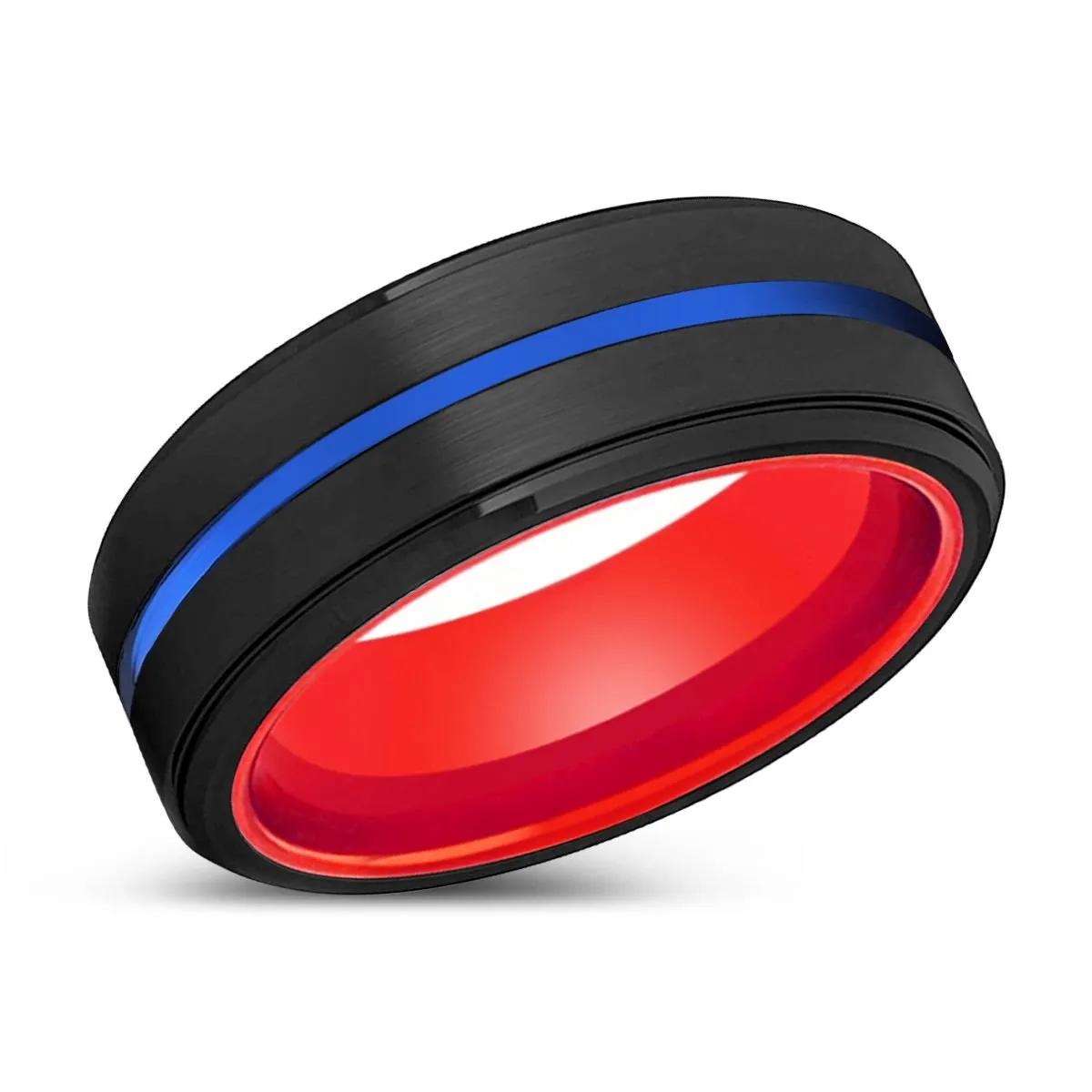 MONK | Red Ring, Black Tungsten Ring, Blue Groove, Stepped Edge