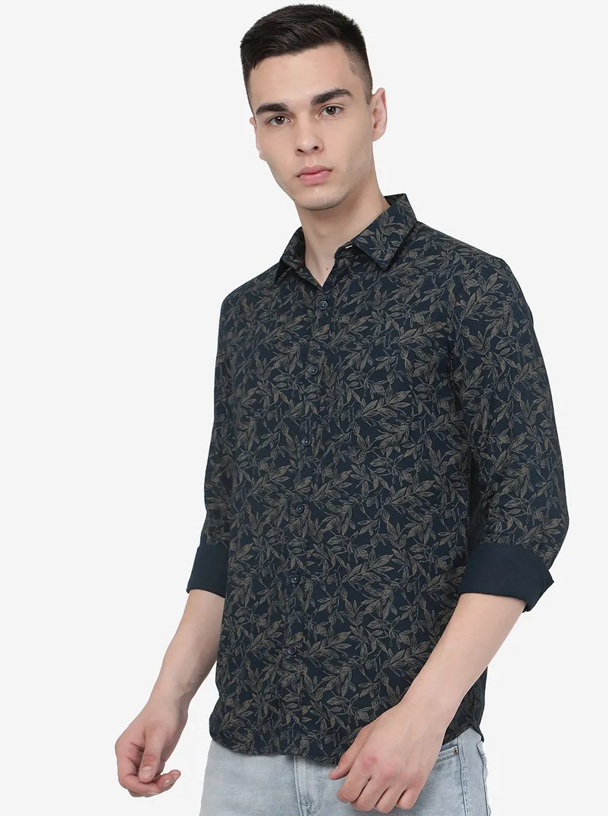 Navy Blue Printed Slim Fit Casual Shirt | JadeBlue
