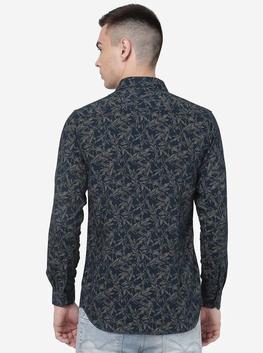 Navy Blue Printed Slim Fit Casual Shirt | JadeBlue