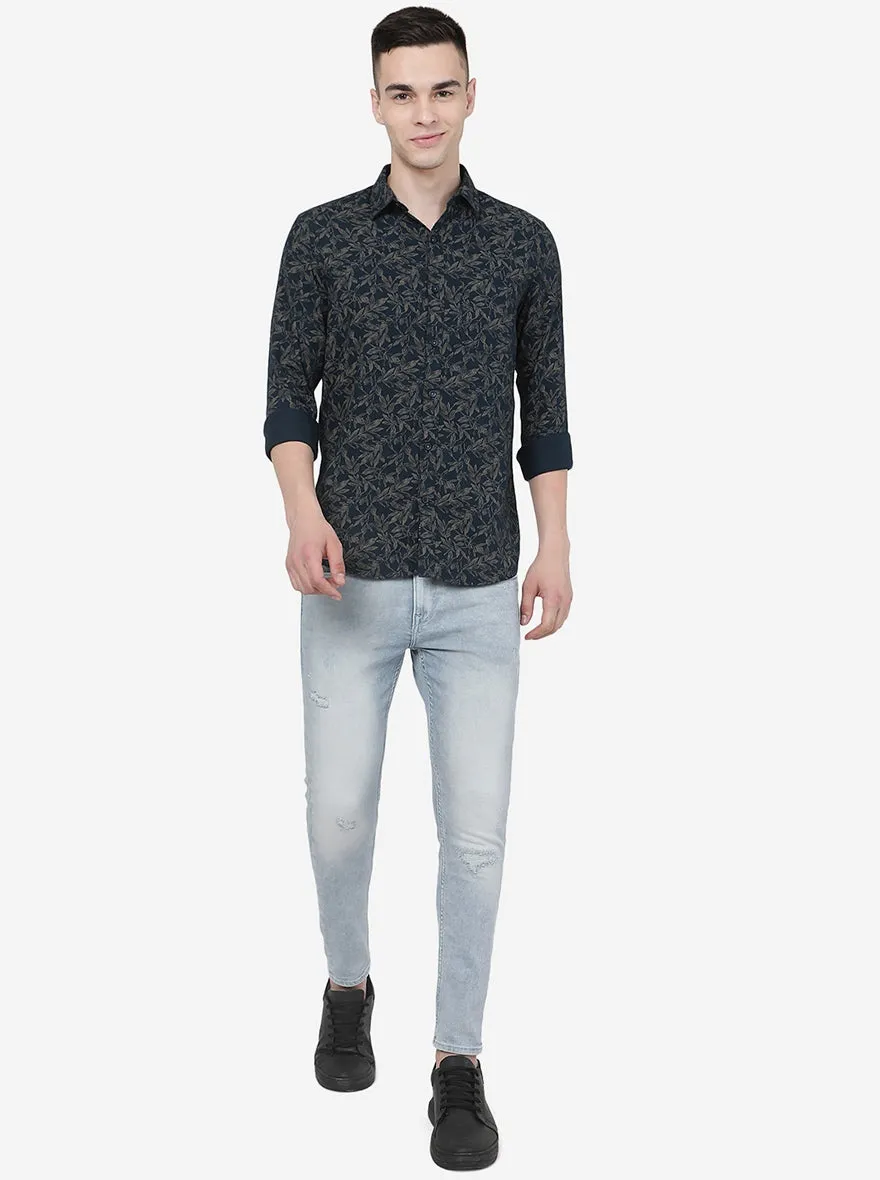 Navy Blue Printed Slim Fit Casual Shirt | JadeBlue